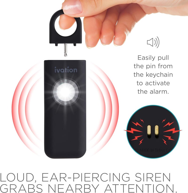 Ivation Personal Rechargeable SOS Alarm, Pocket Size Loud 130dB Sound Safety Siren & LED Panic Strobe Light with Carabiner Keychain Clip for Women, Children & Seniors, Black - Image 4